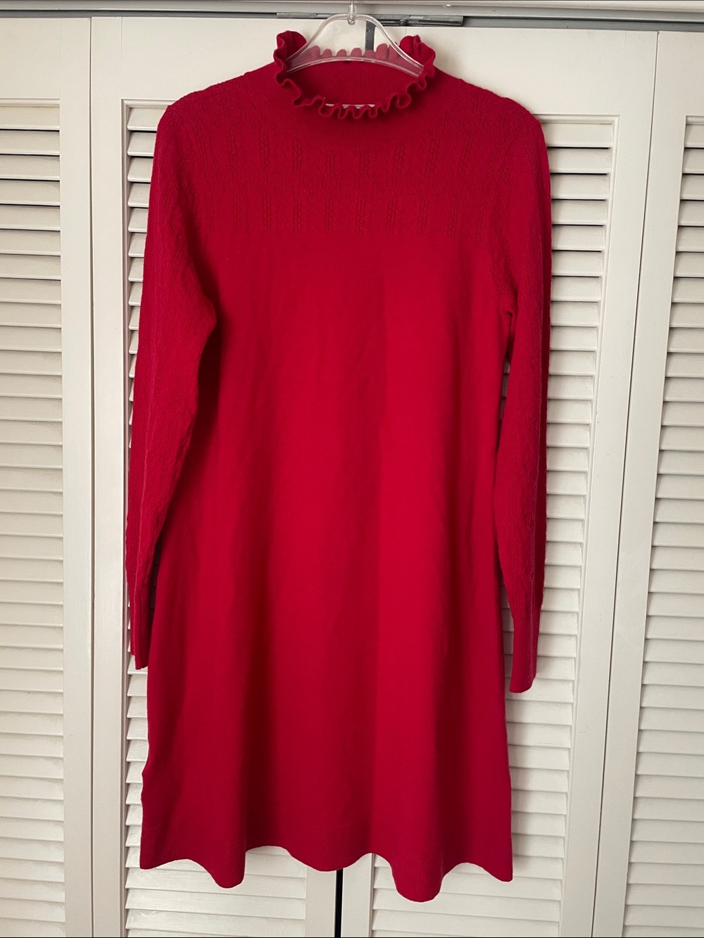 LOFT Red Ruffle-Neck Long Sleeve Knit Dress Sz S